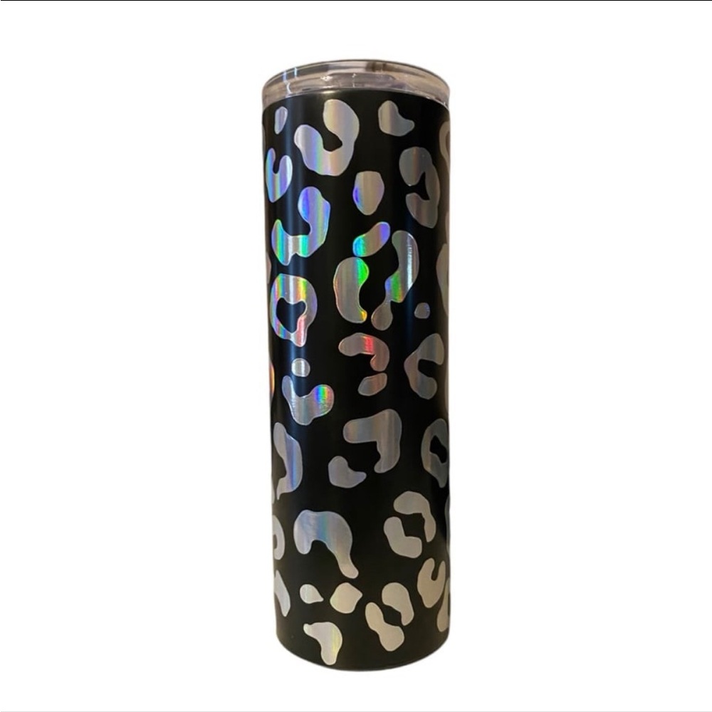 22oz nwt Black Slim Travel Mug w/ Holographic Leopard Print